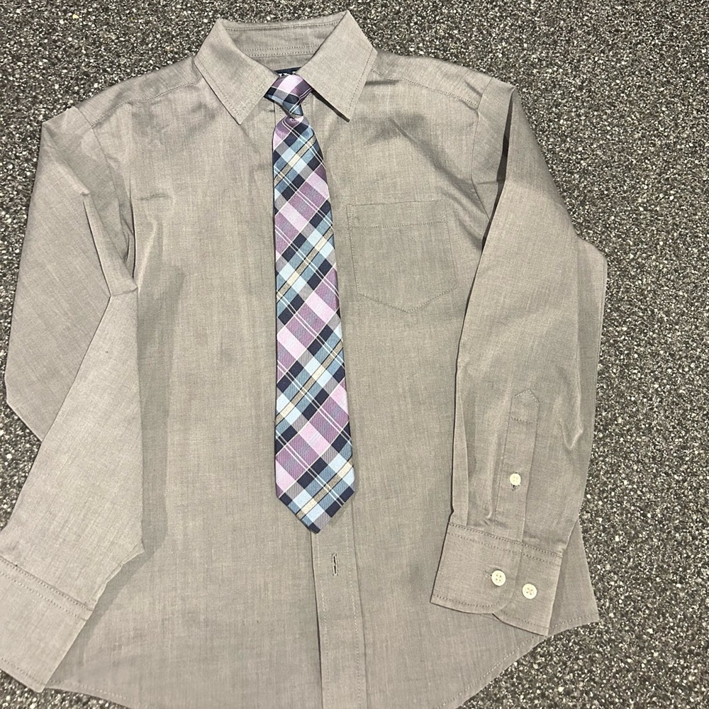 Boy’s Grey Dress Shirt with Plaid Tie